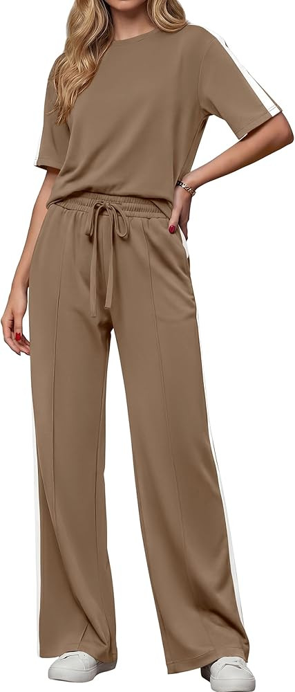 PRETTYGARDEN Women's 2 Piece Sets Summer Casual Sweatsuits Wide Leg Pants Matching Lounge Set Vac... | Amazon (US)