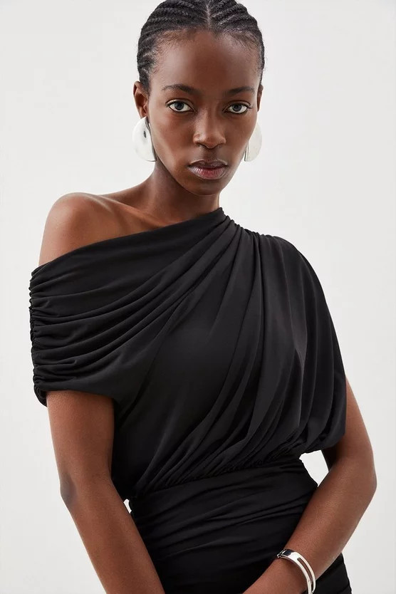 Jersey Crepe Asymmetric Neckline Maxi Dress | Karen Millen | Karen Millen UK + IE + DE + NL