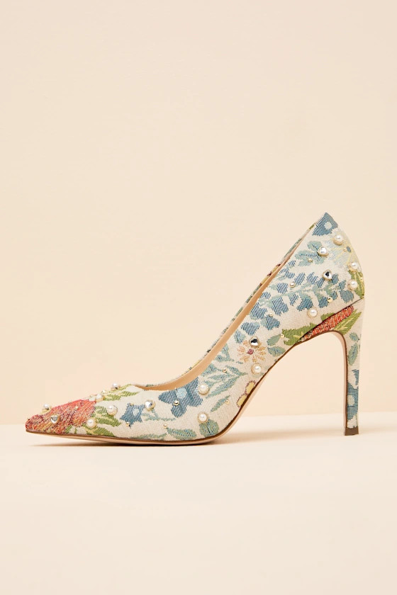 Wellica Cream Floral Jacquard Pearl Pointed-Toe Pumps | Lulus