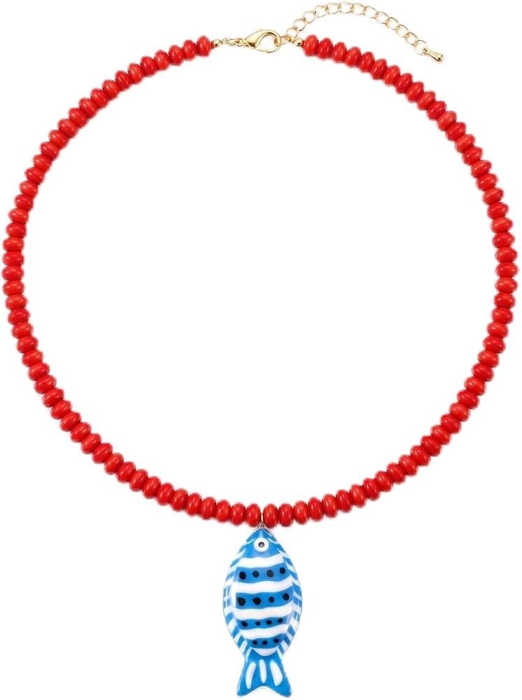 Boho Beaded Fish Necklace for Women Red Blue Beaded Fish Pendant Necklace Colorful Resin Long Nec... | Amazon (US)