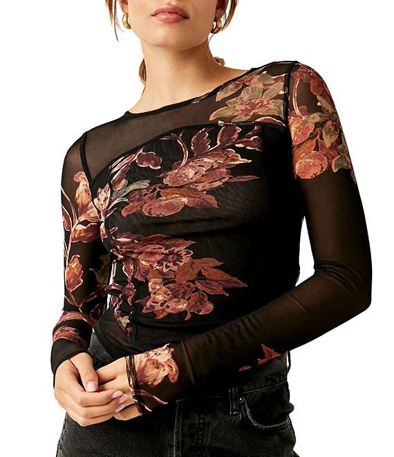 Betty's Garden Floral Mesh Scoop Neck Long Sleeve Shirt | Dillard's