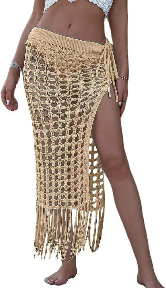 Women 's Sexy Beach Boho Cover Up Maxi Skirt Summer Crochet Split Tassels Swimsuit Beach Bathing ... | Amazon (US)