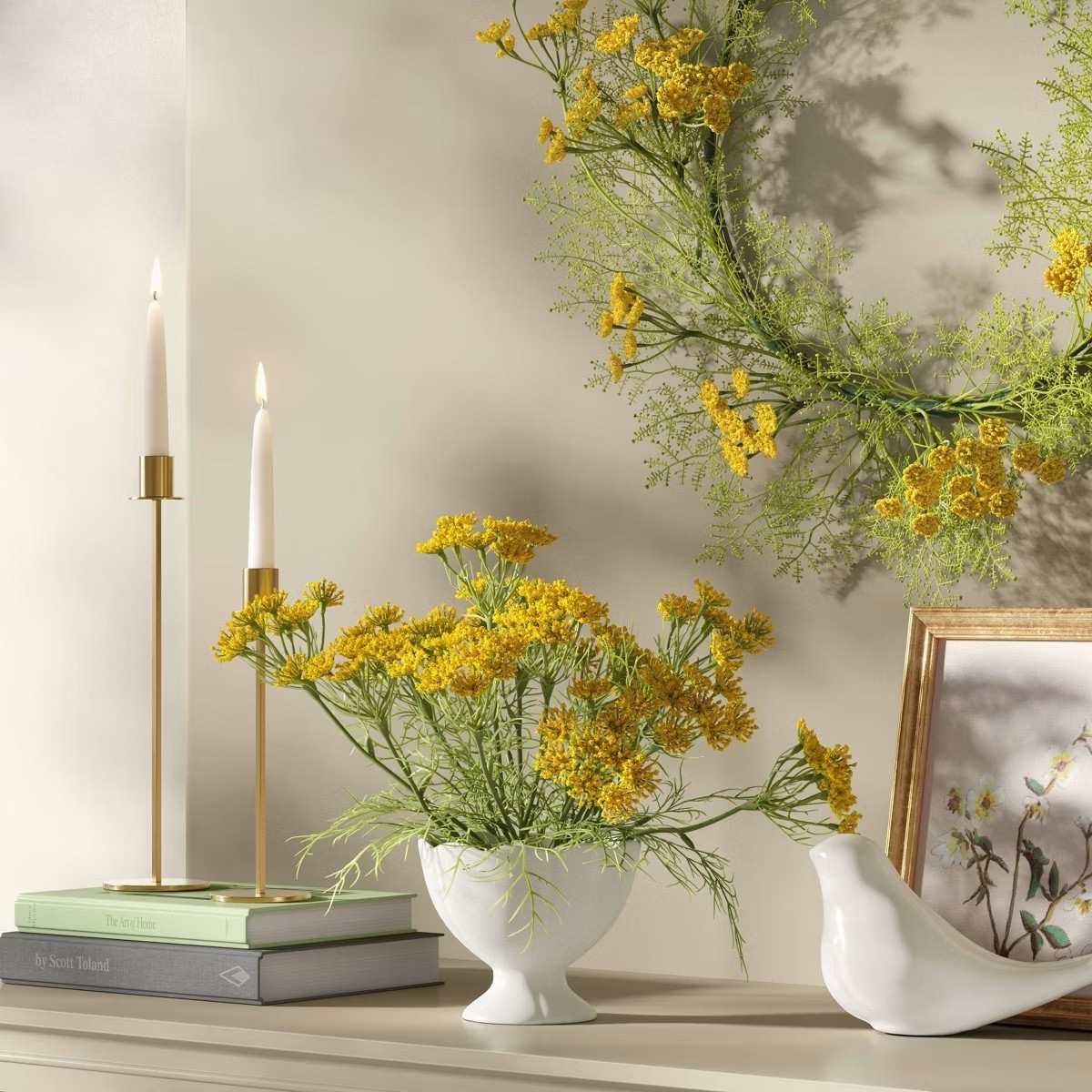 Pretty spring yellow styling at Target! Floral arrangements, wreath, candleholders, decorative bird and more home decor accessories. 

#LTKHome #LTKSaleAlert
