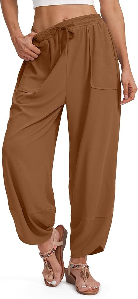 SANTINY Wide Leg Pants Woman Baggy Lightweight Waffle Knit Casual Drawstring Elastic Waisted Pala... | Amazon (US)