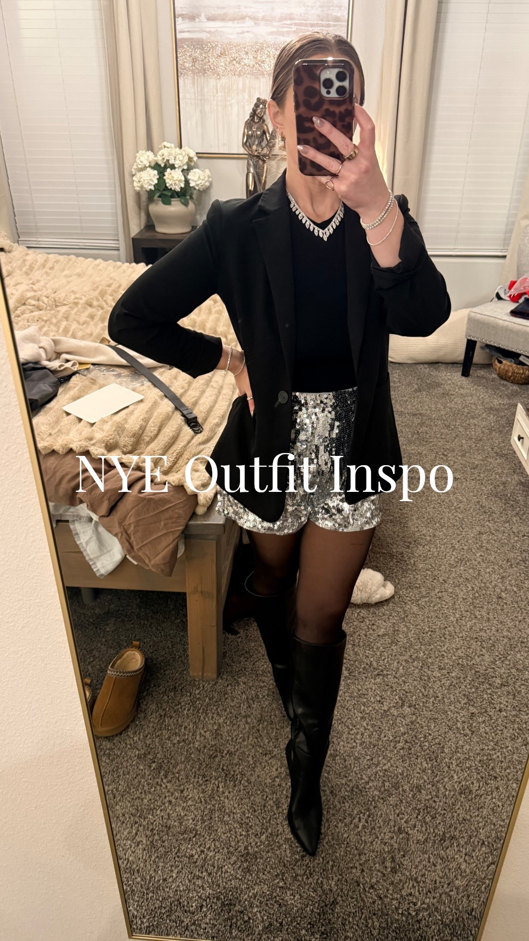 Shorts, tights, and a blazer for NYE — yes please! SO chic 🖤🪩 #nyeoutfit #holidayoutfit #NewYearsoutfit #ootn 

#LTKootd #LTKFindsUnder50 #LTKHoliday