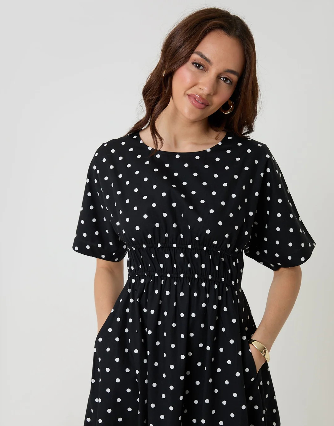 Elasticated Waist Cotton Poplin Midi Dress in Black Polka Dot | Threadbare UK