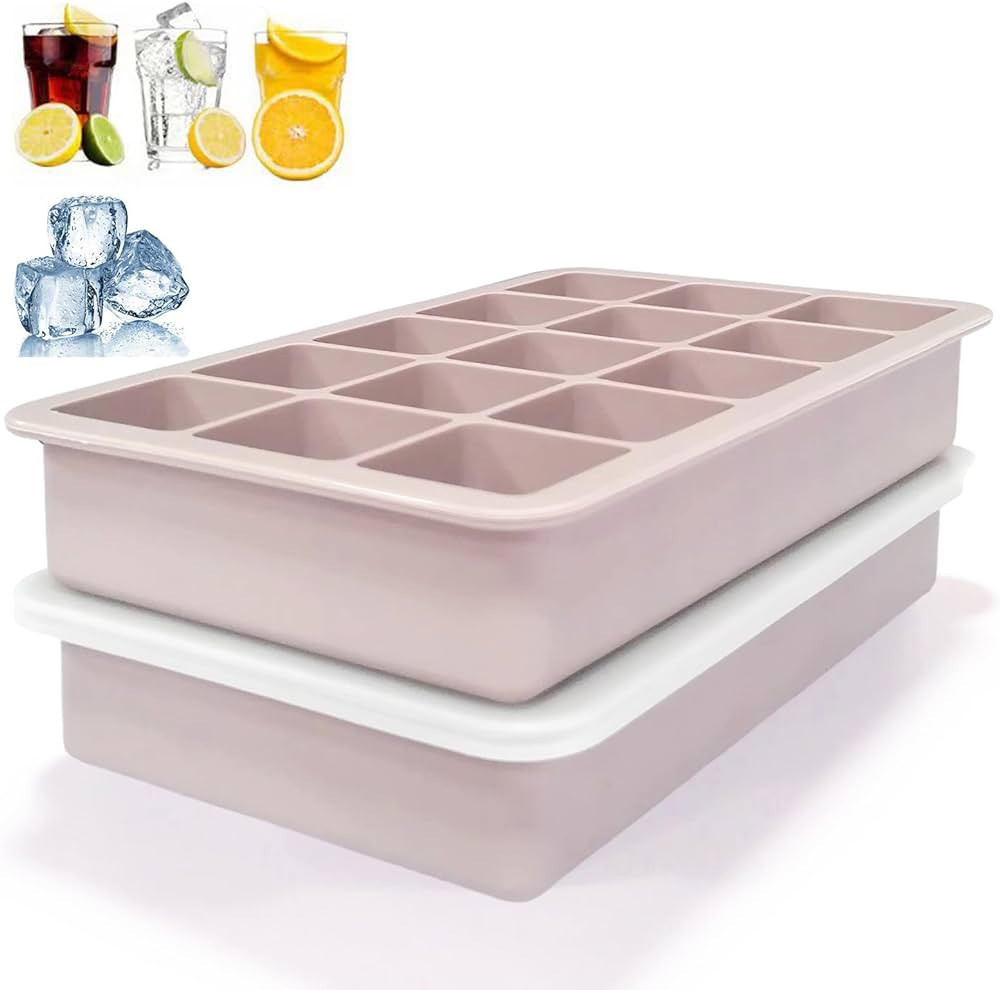 Silicone Ice Cube Trays Set of 2, Easy Release 15 Square Ice Trays with Removable Lid & Bin Reusa... | Amazon (US)