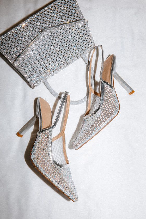 Bedita Silver Rhinestone Mesh Slingback Pointed-Toe Pumps | Lulus