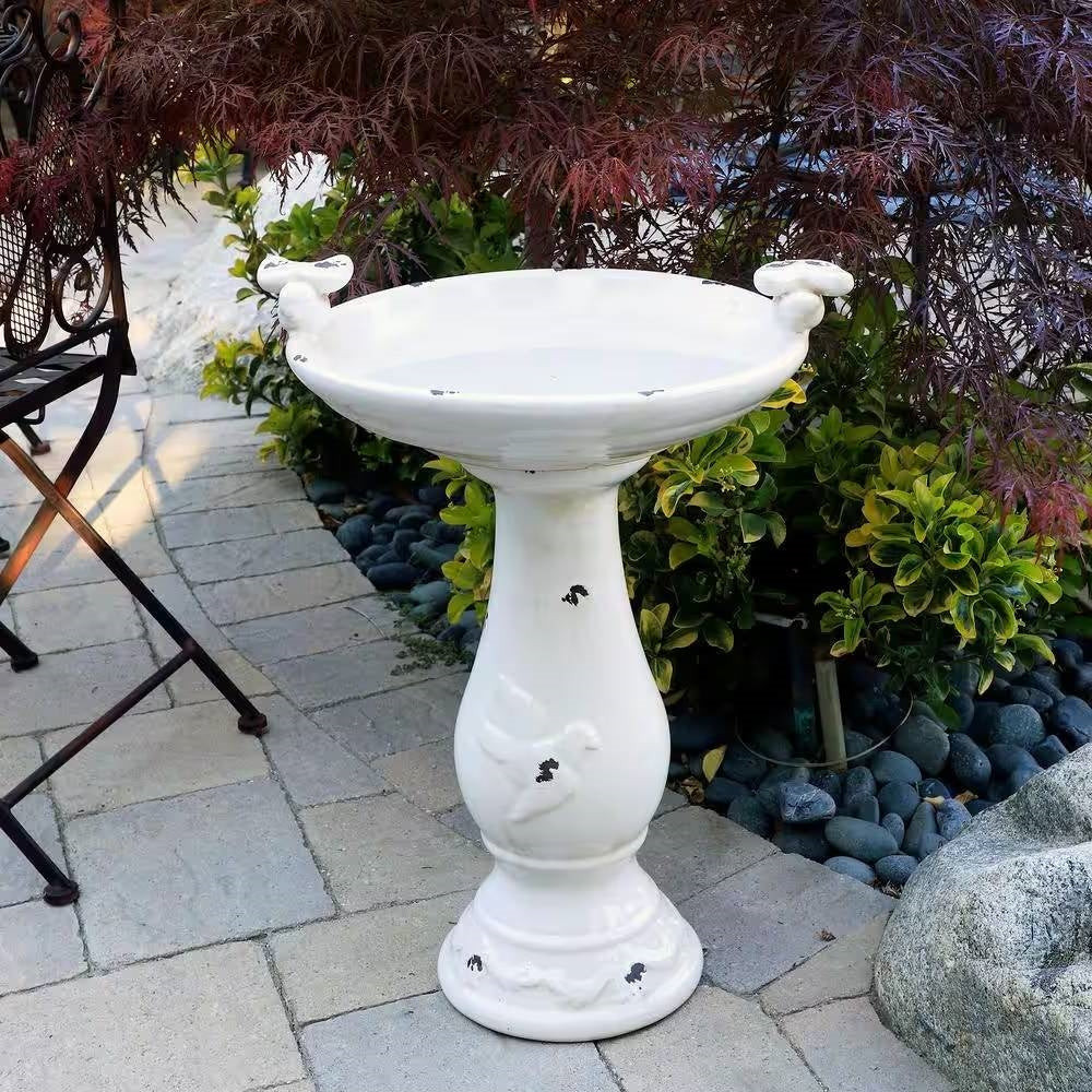 Outdoor Off-White Ceramic Birdbath in Light-Brown Antique Finish | Shop Simon