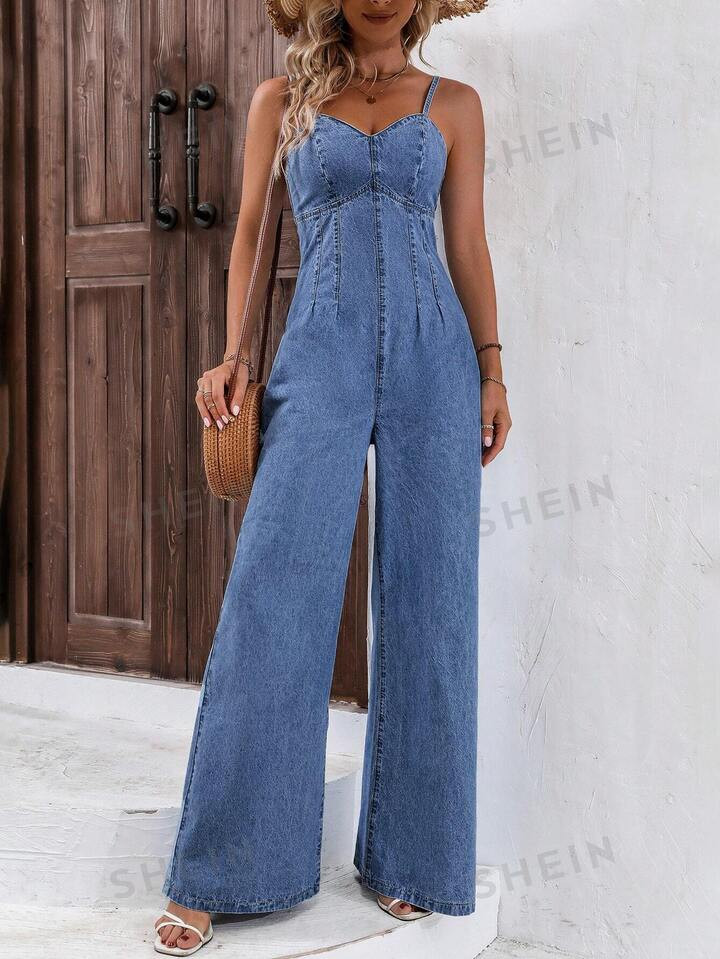 SHEIN Frenchy Vacation Style Elastic Waist Denim Jumpsuit With Wide-Legged | SHEIN