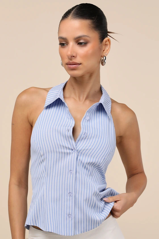 Giosetta Blue Pinstriped Button-Front Halter Top | Lulus