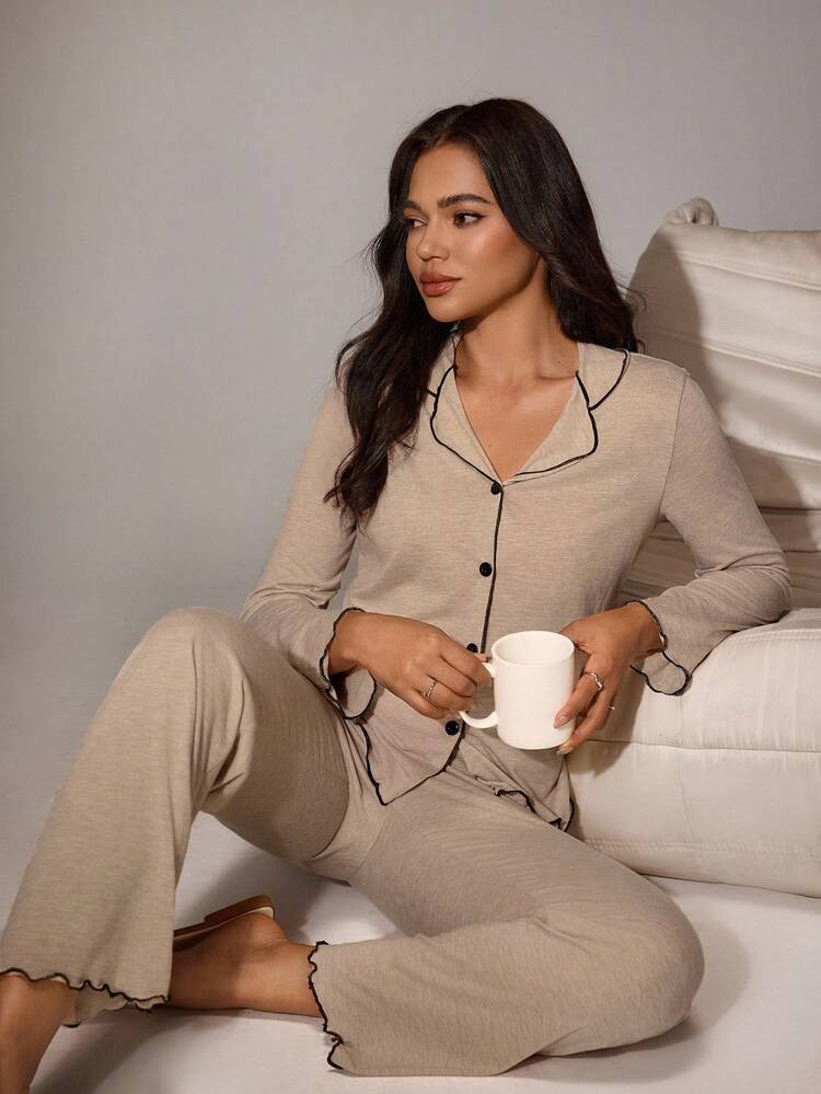 Lazeform Lazeform Casual Loose Oversized Super Soft Draped Lightweight Summer Knit Khaki Fabric Women Ruffle Trim Long Sleeve Top And Pants Set, Fall Clothes | SHEIN