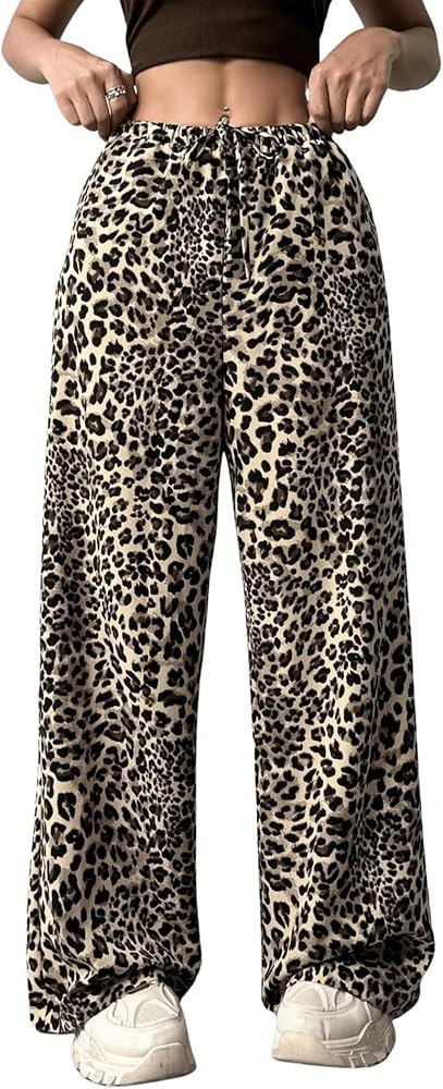 Womens Leopard Print Pants Drawstring Elastic Waist Straight Leg Lounge Pants Y2K Cheetah Pajama ... | Amazon (US)
