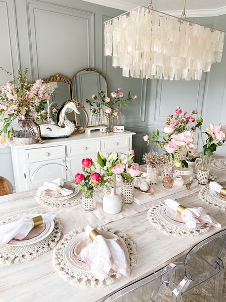 Spring mothersdays tablesetting dinningroom table, lighting and accessories. Pink flowers and dishes make this a win for spring 

#LTKSeasonal #LTKwedding #LTKhome