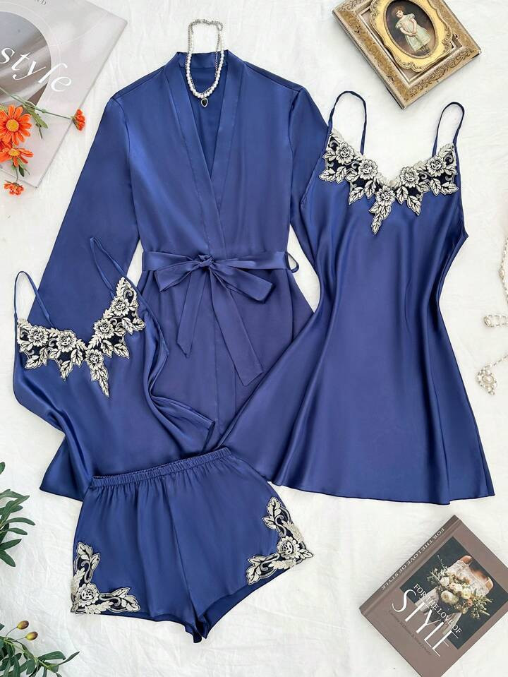 LuxeNights 4pcs Premium Satin Feel Embroidered Sleepwear Set For Plus Size, Suitable For All Seasons | SHEIN