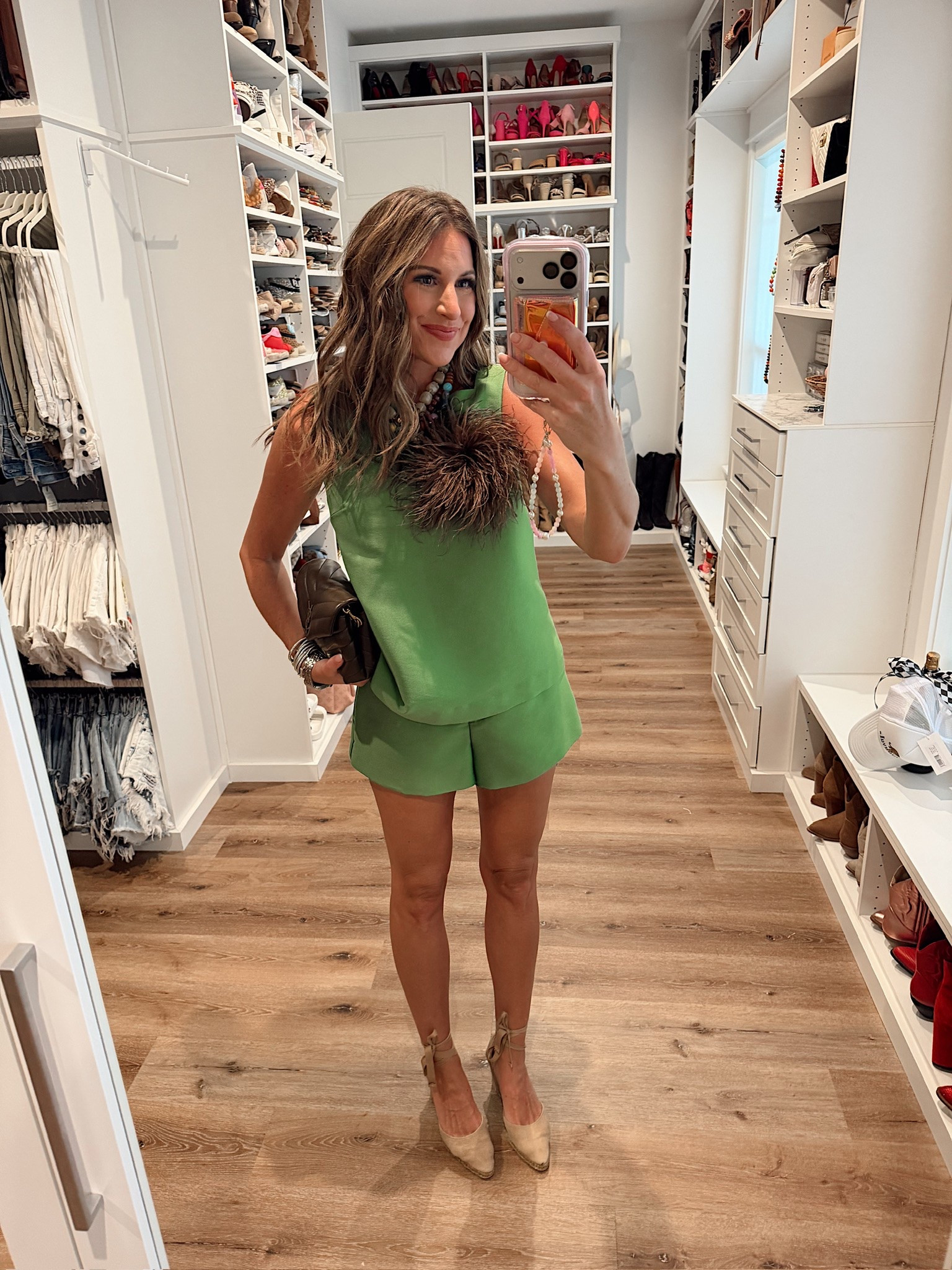 In a small top and shorts, brooch, tie up espadrille wedges and accessories - fits tts.