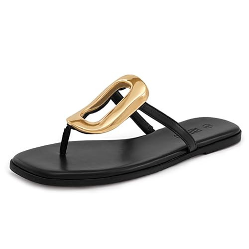 Rihero Black Flip Flops for Women Square Toe Thong Flat Sandals Comfortable Slip On Summer Beach Slide Sandals Dressy Size 5.5 | Amazon (US)