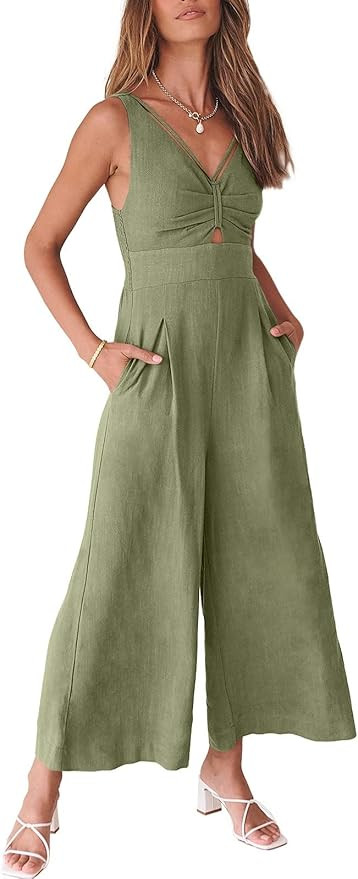 ANRABESS Women's Summer Wide Leg Linen Jumpsuits Dressy V Neck Sleeveless Casual Pants Rompers 20... | Amazon (US)