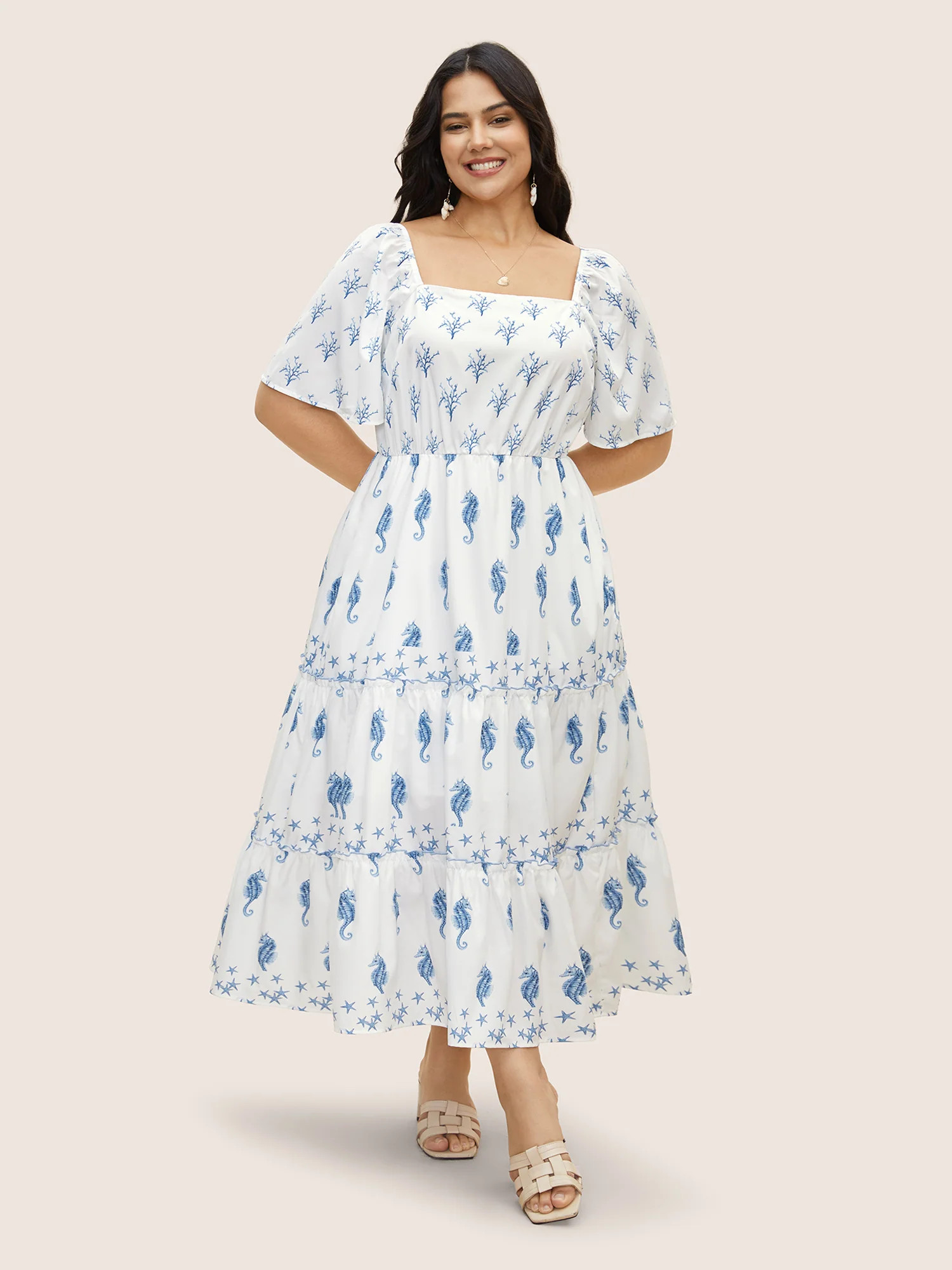 Square Neck Marine Elements Frill Trim Maxi Dress | Bloomchic