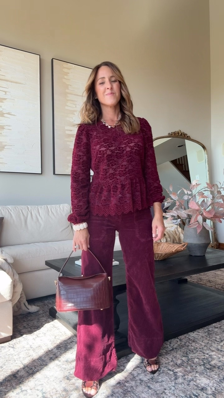 This outfit is such a pretty color drench moment!! 
XS lace, velvet burnout top
Pants tts in the petite 
@Anthropologie #anthropartner