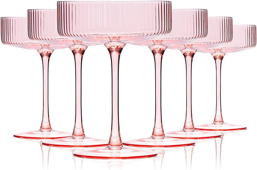 Cyrelwing 9 oz Pink martini glasses Vintage Art Deco Blush Pink Coupe Glasses Set of 6 Pink Ribbe... | Amazon (US)