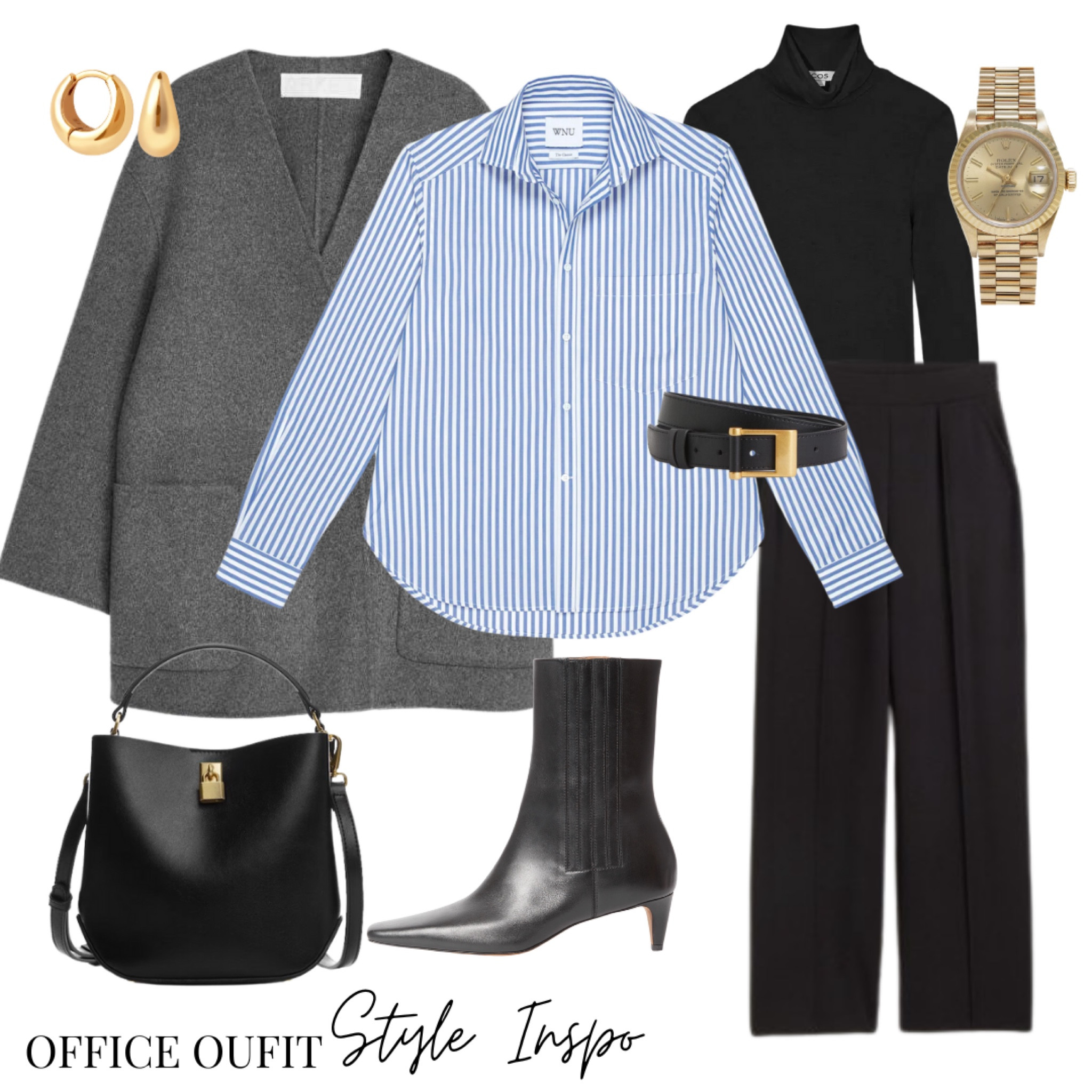 Work wear, how to wear your shirts throughout winter. Layer over a thin merino wool turtleneck 👌🏻 

Work wear, office wear, ankle length black trousers, blue striped shirt, black ankle boots, grey wool jacket, work bag 

#LTKeurope #LTKworkwear #LTKstyletip