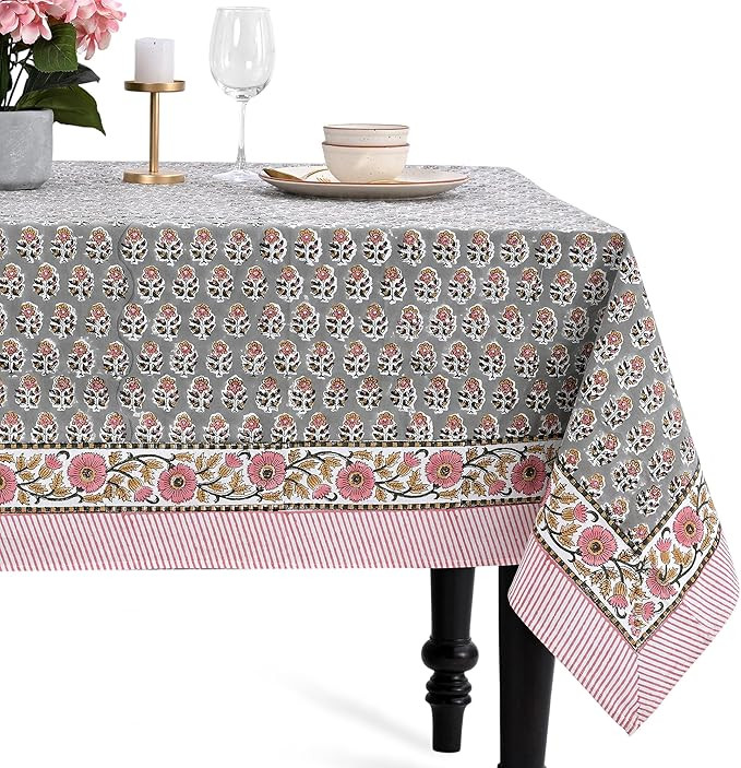 CPC Tablecloth 100% Cotton 70x108 Inch Indian Block Print Rectangle Table Cover, Gray Table Cloth... | Amazon (US)