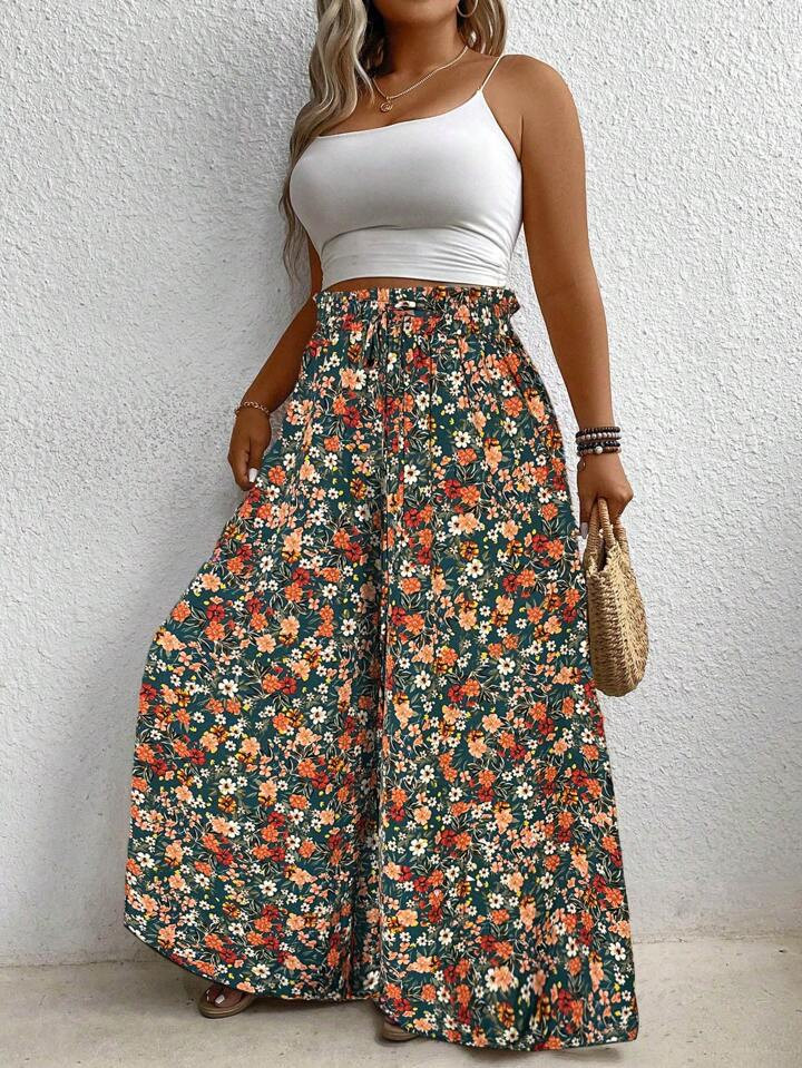 SHEIN LUNE Plus Size Women's Vacation Floral Print Tie-Waist Wide Leg Pants | SHEIN