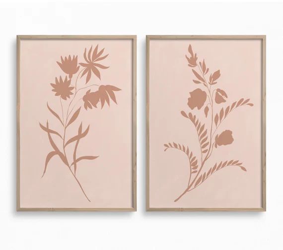 Set of 2 Botanical Prints,Blush Pink Wall Art,Downloadable Modern Floral Print,Minimalist Botany ... | Etsy (US)
