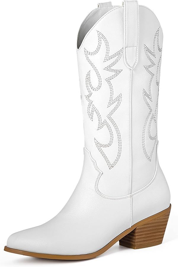Women's Cowgirl Embroidered Western Cowboy Boots, Mid Calf Booties Pointed Toe Chunky Heel 5cm Pu... | Amazon (US)