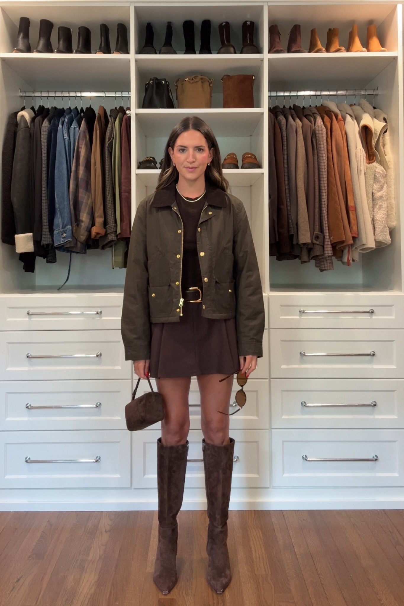 Size small sweater 
Size xsmall skirt 
Size xsmall belt 

Fall outfits 
Knee high boots 
Barn jacket 
Suede bag

#LTKFindsUnder100 #LTKSeasonal #LTKStyleTip