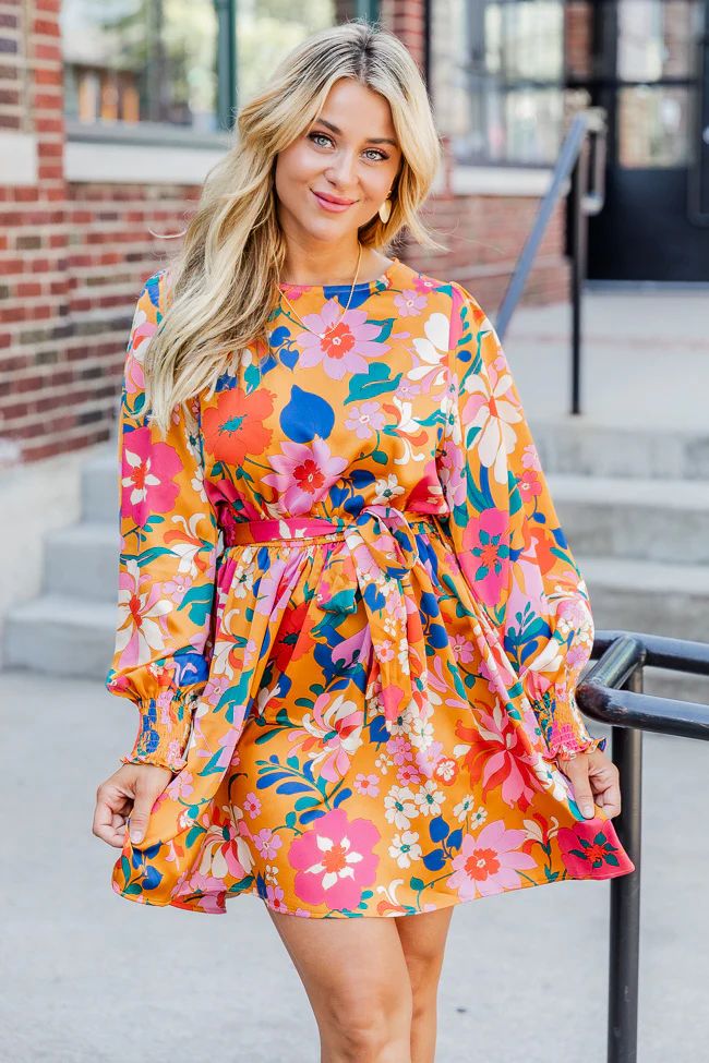 Call In The Morning Yellow Floral Long Sleeve Satin Mini Dress | Pink Lily