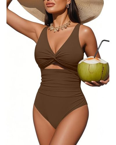 Tempt Me Women Brown One Piece Swimsuits Tummy Control Cutout Bathing Suits Ruched V Neck Twist Front Swimwear L | Amazon (US)