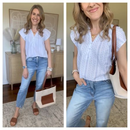 Love these flutter sleeve tops at Walmart, remind me of Madewell. Soft fabric with embroidered detail. True to size small. Jeans are awesome too, I got my usual size 6. Sandals are comfy and go with everything. If between size down. 

#LTKfindsunder50 #LTKstyletip #LTKfindsunder100