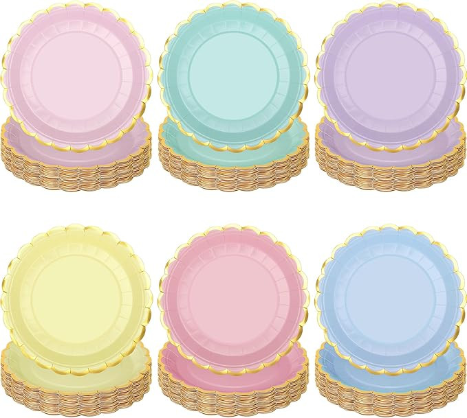 peony man 24 Pcs Pastel Scalloped Paper Plates Disposable Macaron Party Plates 9 Inch Gold Edge C... | Amazon (US)