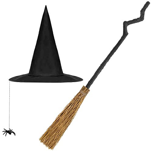 2 Pcs Halloween Witch Set Adjustable Length Witches Wizard Broom and Hat with Spider Broomstick for Halloween Party Supplies | Amazon (US)