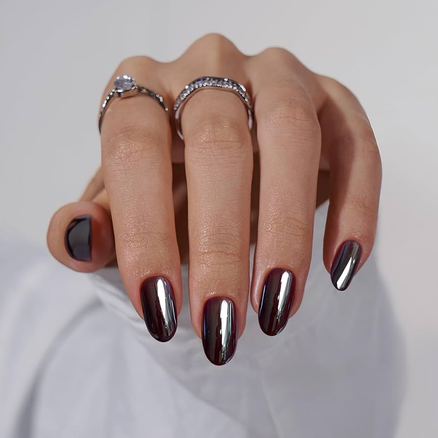 BTArtbox Press On Nails Short - Halloween Black Oval Press On Nails, Chrome Glazed Glue On Nails ... | Amazon (US)