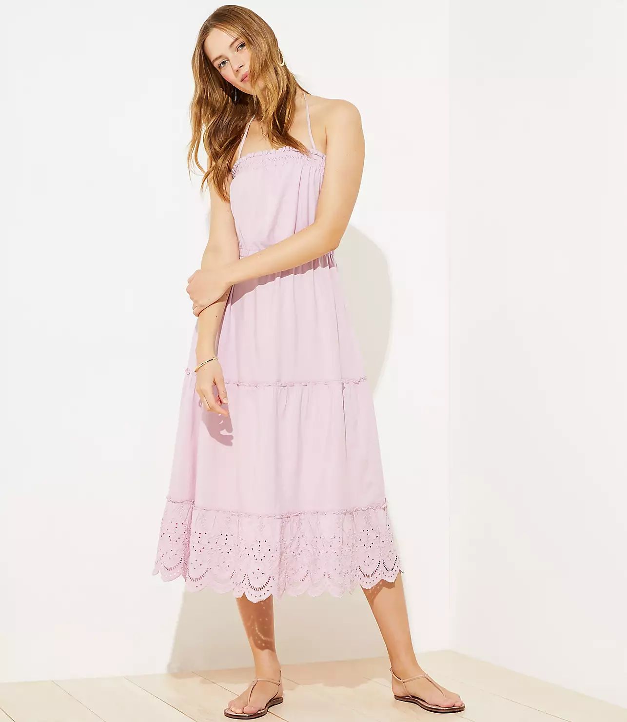 LOFT Beach Eyelet Tiered Midi Dress | LOFT