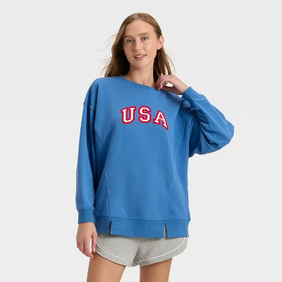 Women's 4th of July Graphic French Terry Oversized Crewneck Sweatshirt - JoyLab™ Dark Blue XS | Target