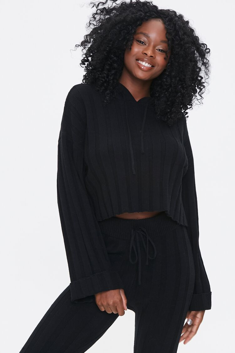 Ribbed Drop-Sleeve Hoodie in Black Small | Forever 21 (US)
