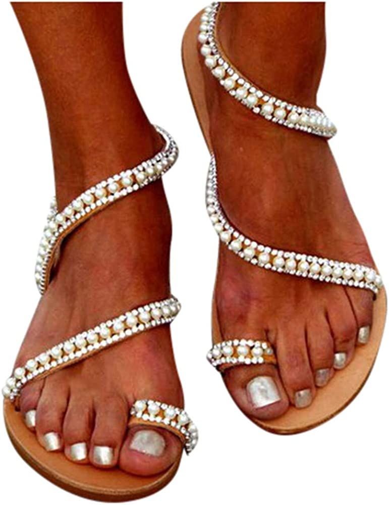 Sandals for Women Thong,Women's Bohemia Bling Rhinestone Pearl Flat Sandals Flat Gladiator Sandal... | Amazon (US)