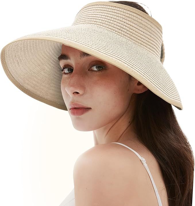 Women's Sun Visor Hats Wide Brim Straw Beach Hat Ponytail Hats for Women Foldable Floppy | Amazon (US)