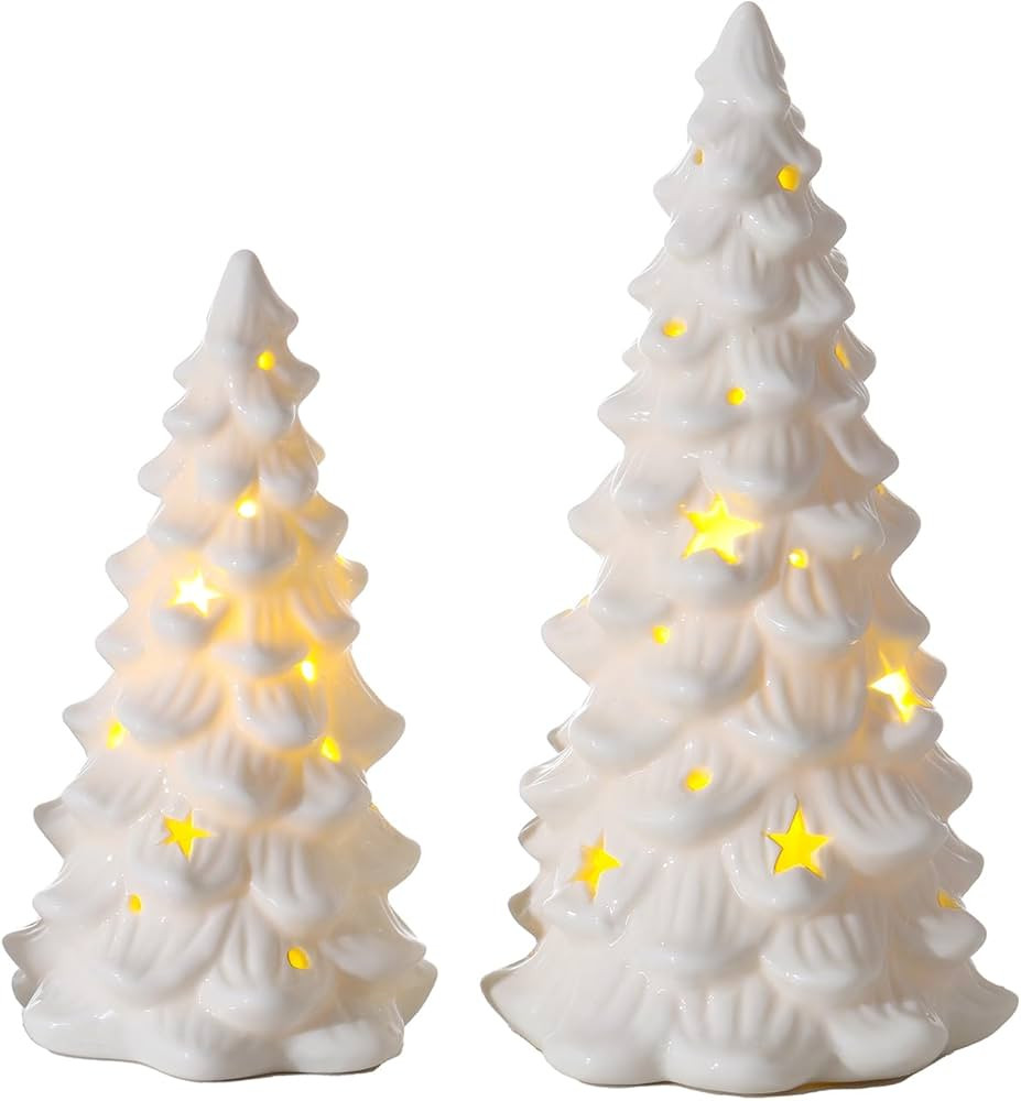 HOMCDALY Ceramic Christmas Tree, 2 PCS White Small Christmas Tree with Lights, Mini Christmas Tre... | Amazon (US)