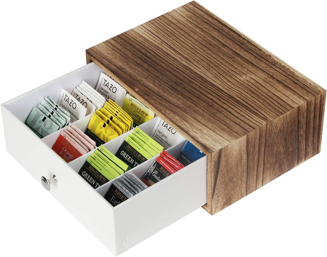 JACKCUBE DESIGN Rustic Wood Tea Storage Box Tea Bag Organizer Stand Holder Drawer / 12 Adjustable Compartments and White Faux Leather Drawer/Acrylic Divider - :MK447C | Amazon (US)
