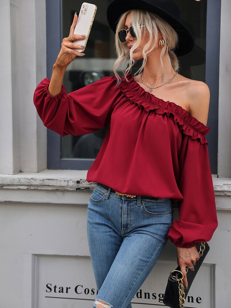 Off Shoulder Ruffle Trim Lantern Sleeve Blouse | SHEIN