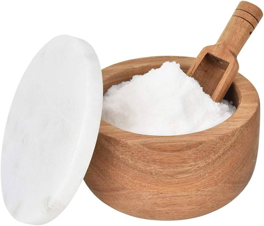 Three Oaks Marble Lid Salt Cellar Pinch Bowl Acacia Wood Container Salt Pig Spice Cooking Seasoni... | Amazon (UK)
