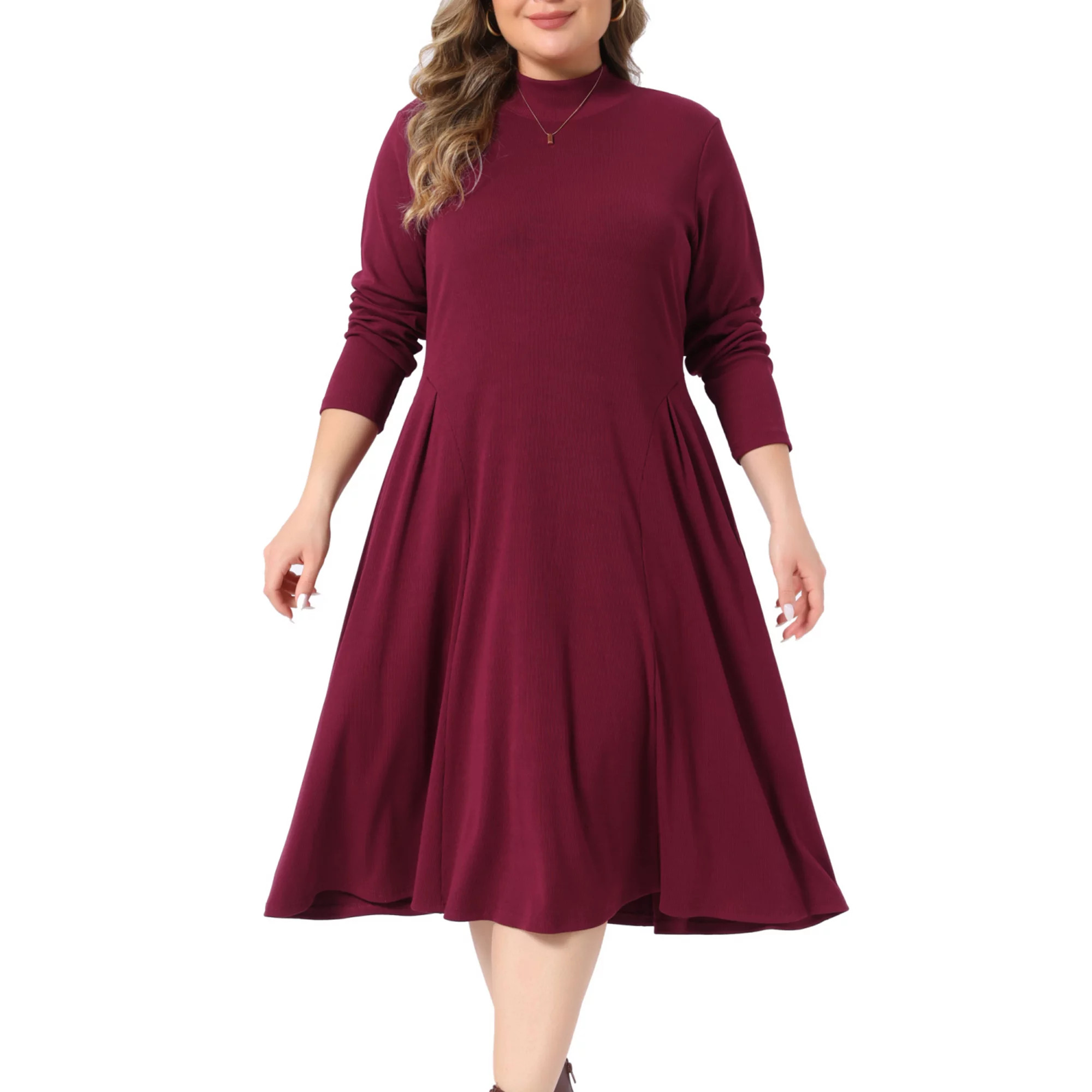 Women's Plus Size Mock Neck Long Sleeve Midi Dress with Side Pockets | Kohl's