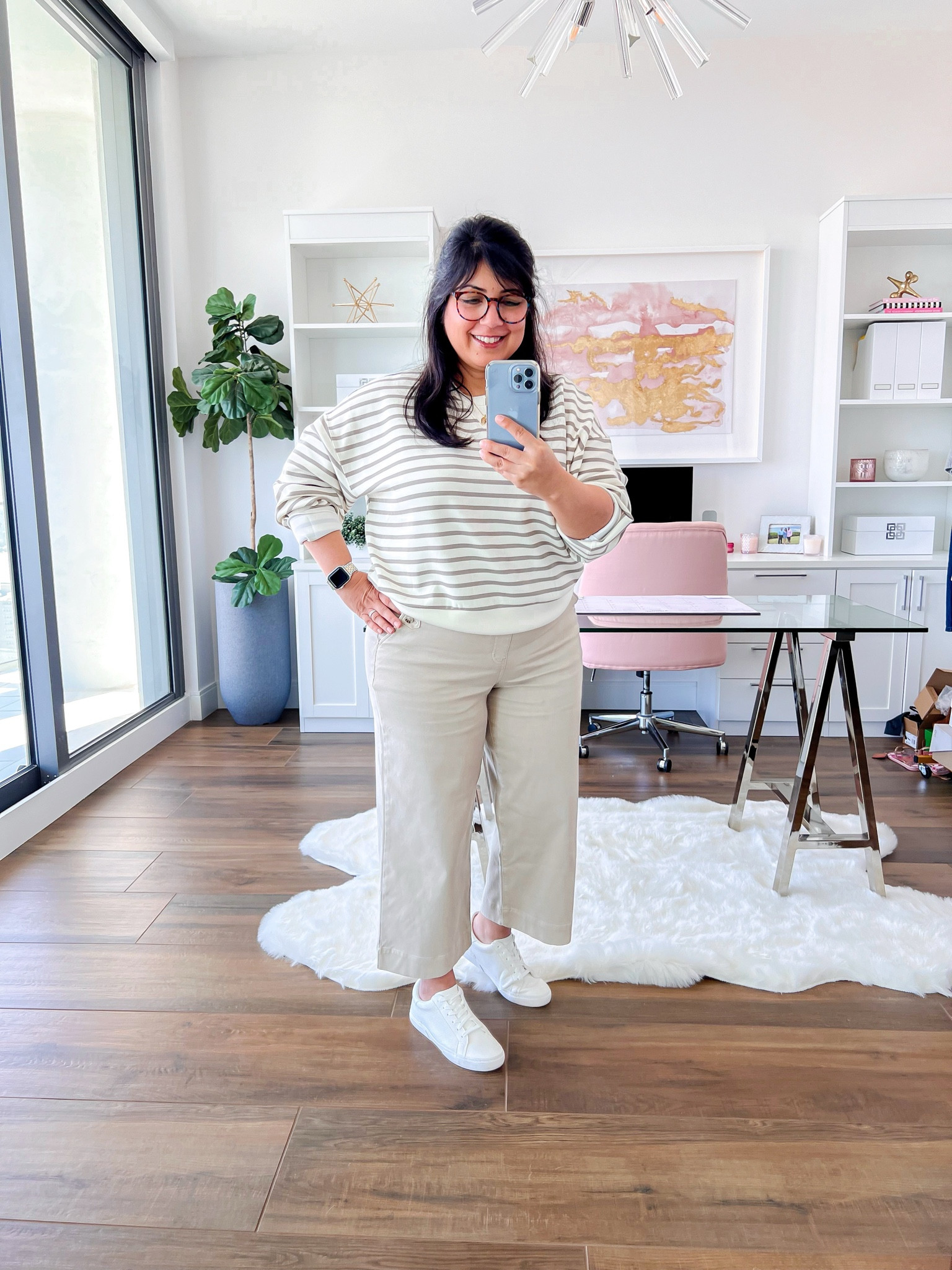 Today’s Fall Outfit of the Day! Spanx striped AirEssentials sweatshirt size large. Spanx wide leg cropped pants size XL Petite. Pants run snug and you need to do a little “Spanx shimmy” to get them over your hips so definitely size up. The sweatshirt is on sale for $59 and the pants are on sale for only $39! Target white sneakers true to size. Warby Parker reading glasses.

#LTKSaleAlert #LTKOver40 #LTKMidsize