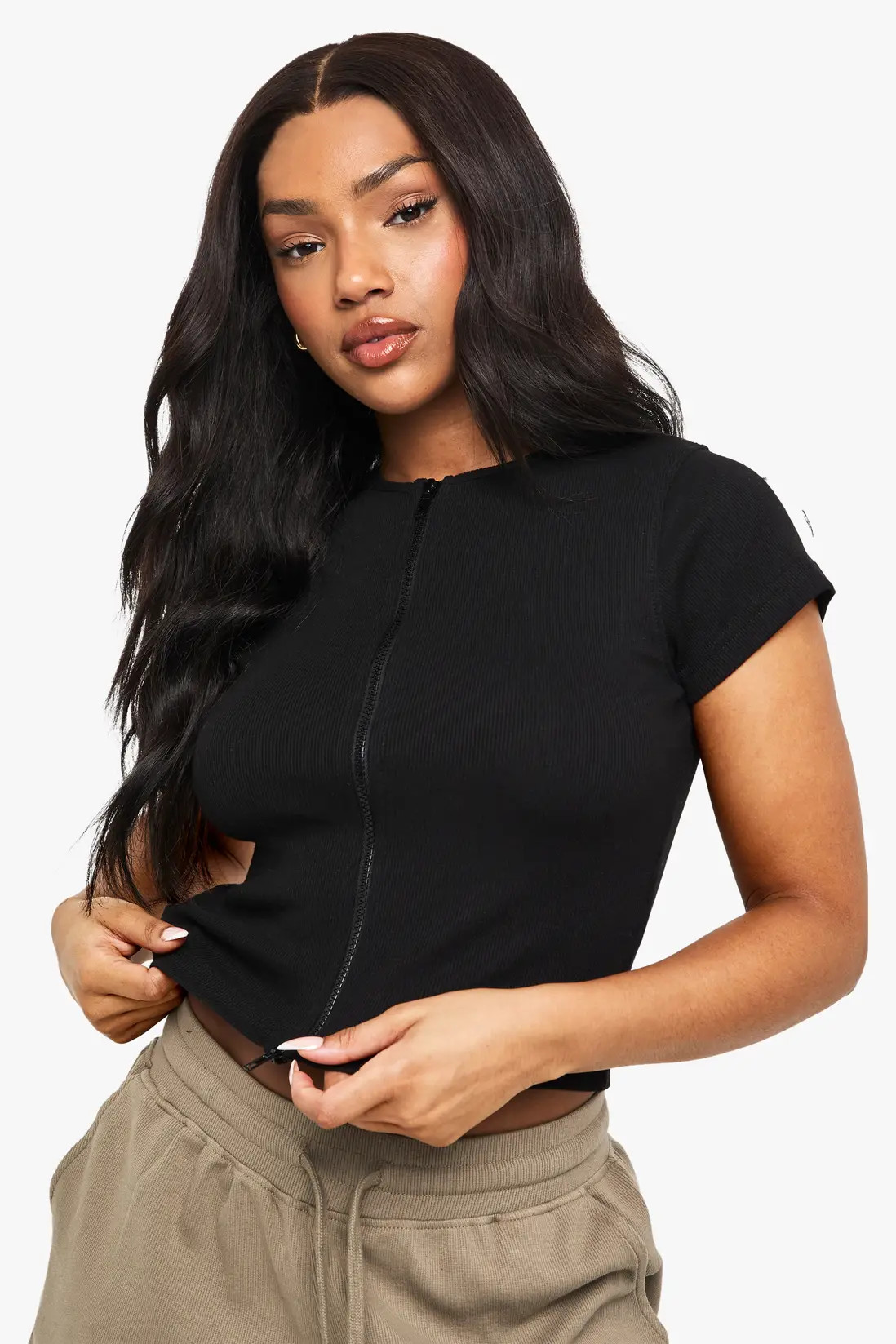 Rib Double Zip Through Short Sleeve Top | boohoo (US & Canada)