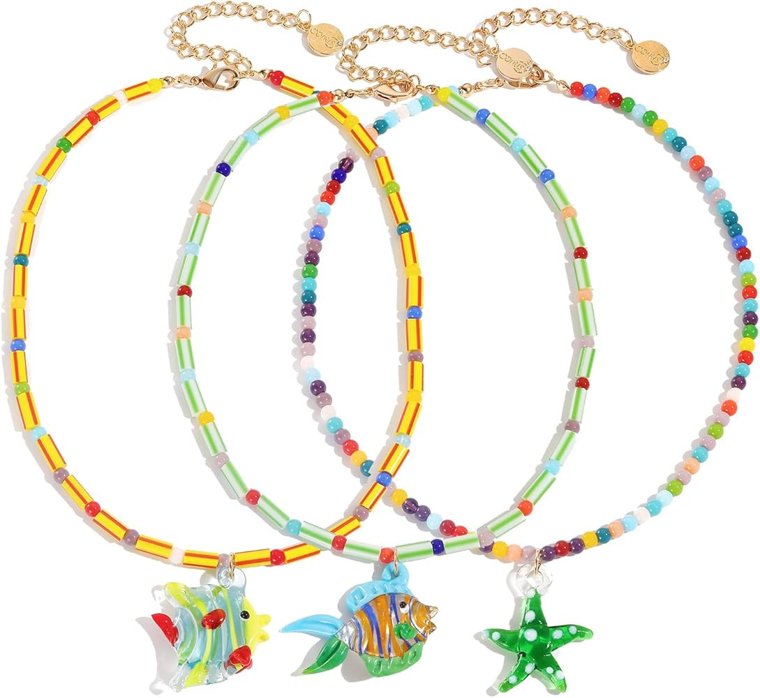 Coiris Fish Necklace for Women Glass Handmade Colorful Beaded Necklace Set Ocean Starfish Summer ... | Amazon (US)